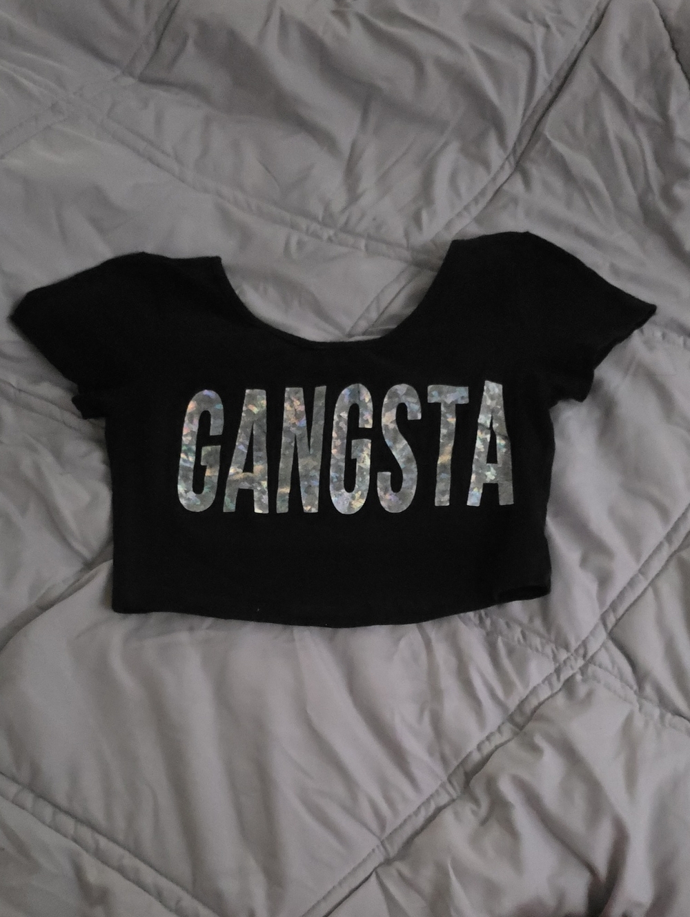 Black Crop Top with Holographic "GANGSTA" Print